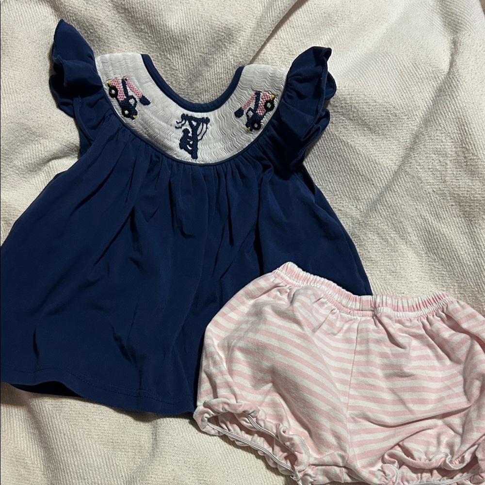 Navy Blue Dress and Pink Striped Bloomers Set